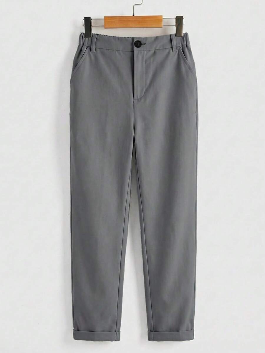 Pantalones largos versátiles de unicolor con bolsillo, cremallera y botón para niño preadolescente - Gris - Ver 1