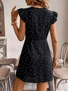 SHEIN Frenchy Đầm nữ phong cách Pháp cổ điển, thanh lịch, lãng mạn, retro, họa tiết chấm bi đen trắng, cổ chữ V, tay bồng, dáng chữ A, cài cúc phía trước - Đầm hè đa năng dành cho những người yêu âm nhạc. - Nhiều màu - Xem 3