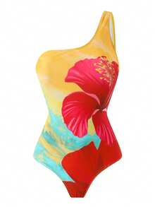Swim Oasis 新款女士印花不对称肩部连体泳衣，波西米亚风，适合海滩度假，春夏款 - 彩色 - 查看 4