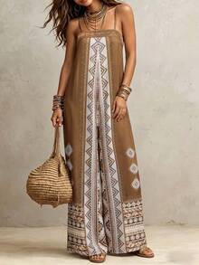 SHEIN Women's Spaghetti Strap Jumpsuit Brown And White Polka Dot,Summer,Boho,Holiday,Vacation,Holiday Vintage Print Loose Wide-Leg Draping Casual Romper - Multicolor - View 4