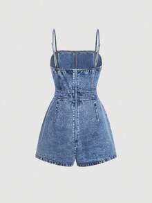 Đầm mini denim hai dây SHEIN PETITE dành cho nữ, kiểu dáng thường ngày và thoải mái cho mùa hè. - Rửa trung bình - Xem 2