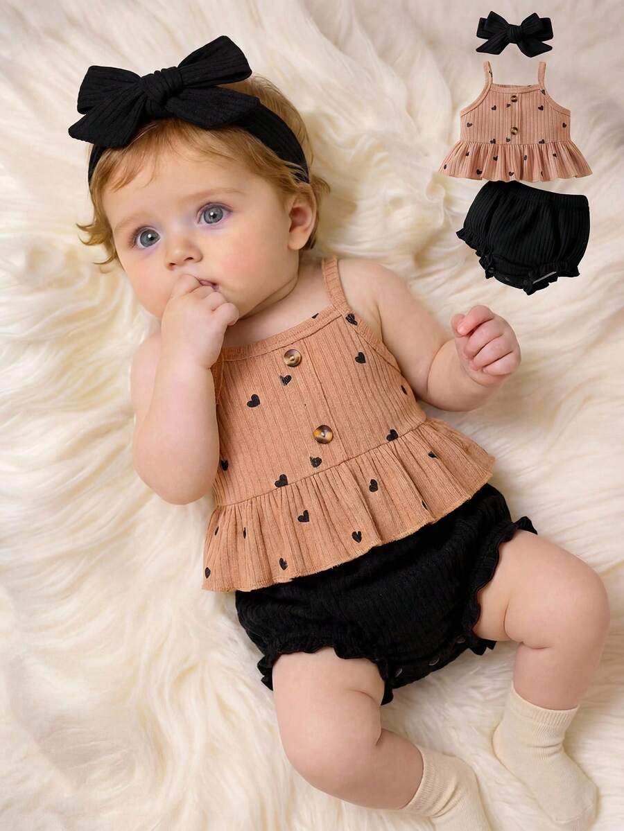SHEIN Vintaside Kids 女婴夏季新款罗纹爱心印花三件套