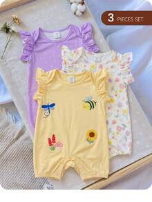 Set de 3 piezas de pelele de bebé recién nacido niña con diseño de dibujos animados tejido, para verano - Multicolor - Ver 2