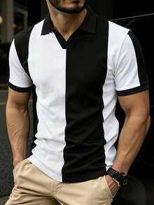 Calvornis Men's Black And White Striped Polo Shirt, Summer Casual Short Sleeve Color Block Top For City Break, Old Money Style Vintage Golf Polo Shirt , Gift, Ceremony - Black and White - View 3