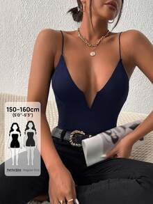 SHEIN PETITE Áo liền thân mùa hè cho nữ, cổ khoét sâu, màu trơn. - Màu xanh hải quân - Xem 5
