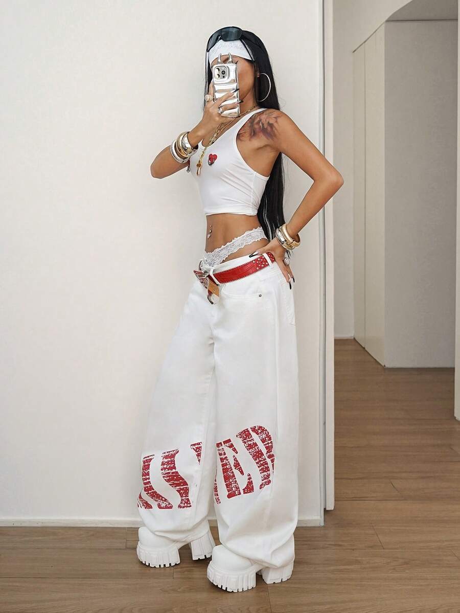 StreetHx Quần jeans ống rộng cạp thấp màu trắng in chữ, phong cách đường phố thường ngày, thời trang. - trắng - Xem 1