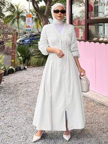 DAZY Vestido de mujer elegante de encaje con parches y textura, cuello en V, longitud media, vestidos de verano para mujeres - Blanco - Ver 5