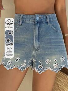 DAZY Quần short denim nữ kiểu dáng thường ngày, thêu họa tiết dày dặn, bạc màu, thích hợp cho mùa hè. - Màu xanh lam - Xem 1