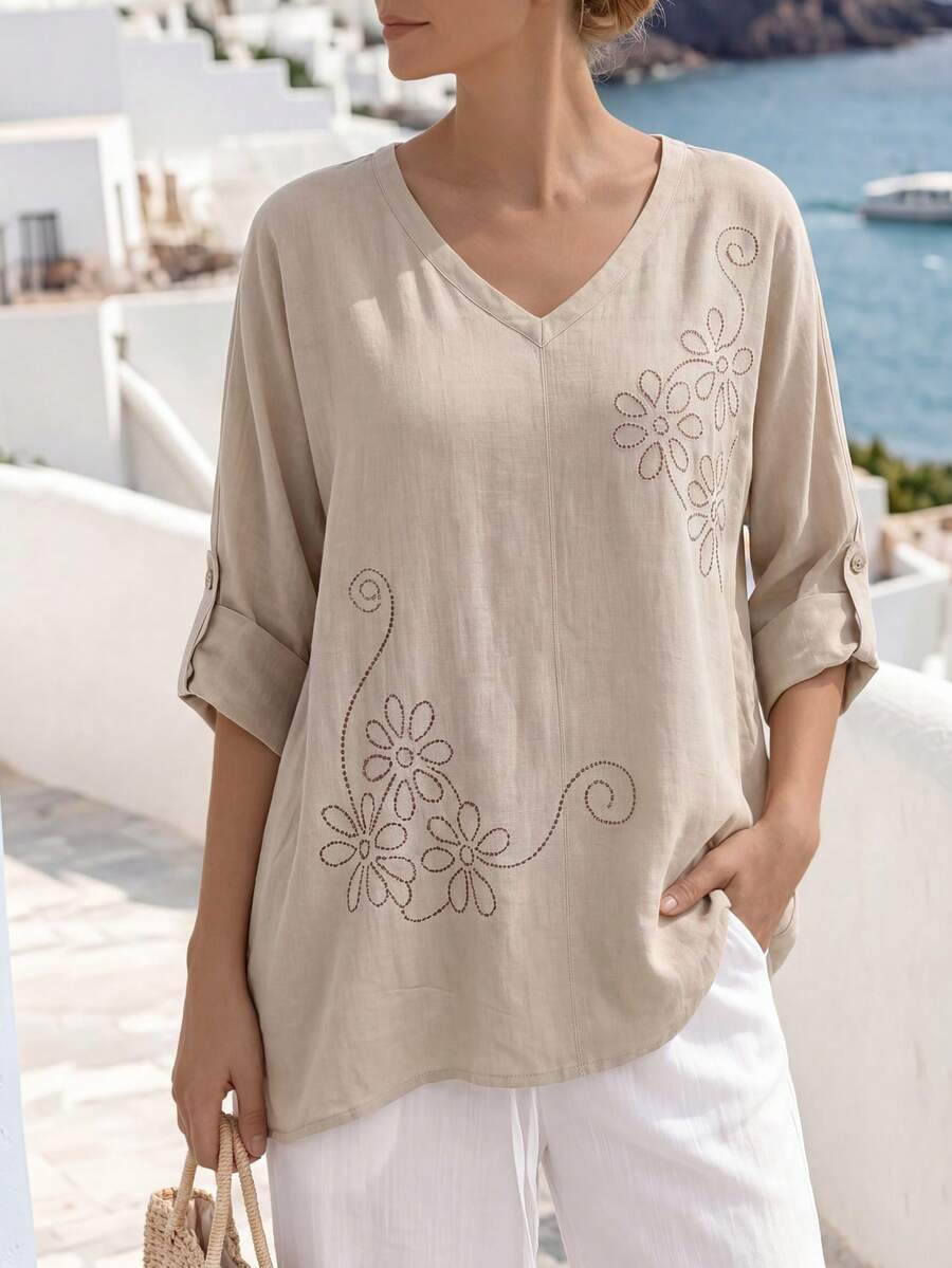 Faunlyn Áo sơ mi nữ cổ chữ V in hoa, kiểu dáng thường ngày đa năng. - Màu Khaki - Xem 1