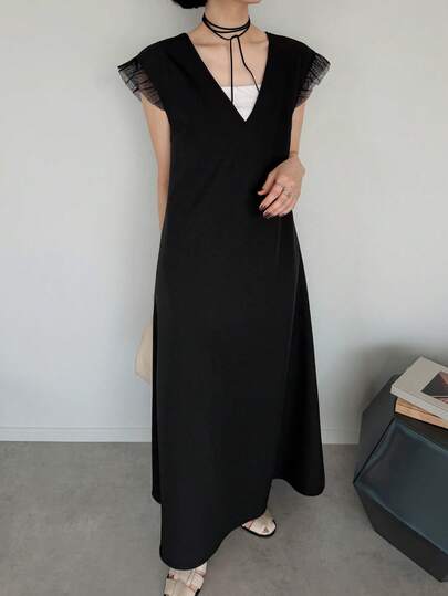 FRIFUL 女士夏季纯色短袖网纱拼接透视V领连衣裙