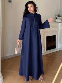 Yasmyna 女士优雅荷叶边袖撞色蕾丝宽松阿拉伯风连衣裙，适合春秋季穿着 - 藏蓝色 - 查看 8