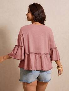 Elaquor Plus Size Solid Color Loose Fit Ruffle Trim T-Shirt - Dusty Pink - View 2