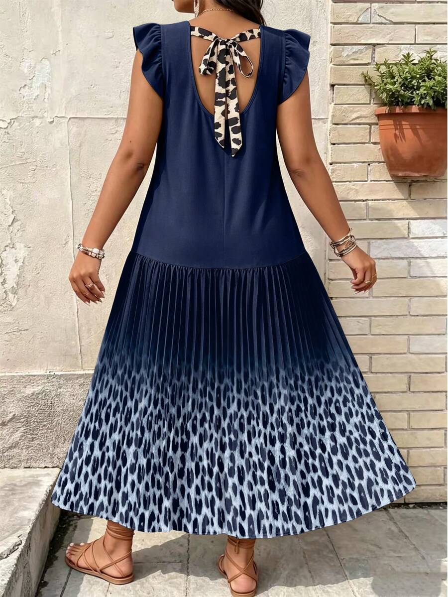 EMERY ROSE Plus Size Women's Summer Beach Vacation Ombre Leopard Print Backless Ruffle Armhole Pleated Hem Dress - Blue - View 1