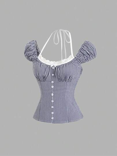 Sweetra Áo kiểu nữ mùa hè dáng rộng, kẻ caro, phối ren và cúc trang trí.