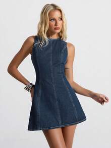 Jeanoix Đầm denim nữ kiểu dáng thường ngày, buộc dây, hở lưng, thích hợp cho mùa hè. - Rửa trung bình - Xem 5