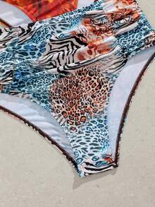 SHEIN Swim Swim Lushore-D 女款夏季復古高腰抓皺豹紋 & 暖色調紮染對比黑泳褲，修身收腹海灘度假泳裝下身 - 彩色 - 查看 3