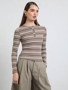 COUREZ Striped Long Sleeve Henley Neck Top/Y2K Autumn Women's Clothing Autumn Outing Outfit Women's Autumn Top Outing Top Cute Top Women's Top - Multicolor - View 5