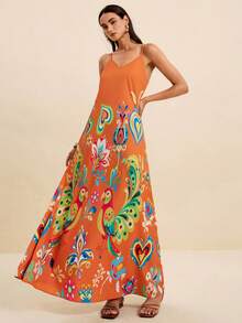 LOTSLUV Vestido de vacaciones con estampado de flores, pájaros y corazones, de cuello en V y tirantes finos, color rojo óxido, para mujer, primavera/verano - Naranja Coral - Ver 4