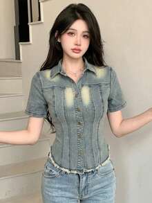 DAZY 复古水洗浅蓝色毛边拼接休闲甜美少女风修身宽松度假街头风轻薄户外短袖女式牛仔外套，适合春夏Y2K风格 - 淺色水洗藍 - 查看 4