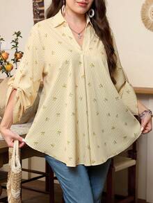 Lacomfia Plus Size Women Bow Tie Striped Print Casual Versatile Blouse - Yellow - View 5