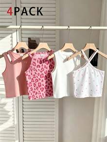SHEIN Genkimix Kids 4件装少女夏季休闲时尚日常通勤纯色、豹纹、爱心印花吊带衫 - 彩色 - 查看 8
