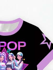 Spring And Summer Girl's & Tween Girl Casual Fashion Creative Personalized Refreshing Minimalist Cool Virtual Girl Group Pentagram Star Graphic Black Background Contrast Color Slogan Letter Print Casual Basic Short T-Shirt + Bike Shorts Set, Comfortable Outfit Suitable For Spring, Summer And Autumn - Multicolor - View 5