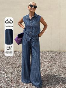 Livesso Bộ đồ denim hai mảnh màu xanh dương cổ điển mùa xuân hè dành cho nữ, gồm áo gile và quần ống đứng, thích hợp cho công sở, du lịch hoặc đi làm. - Rửa trung bình - Xem 1