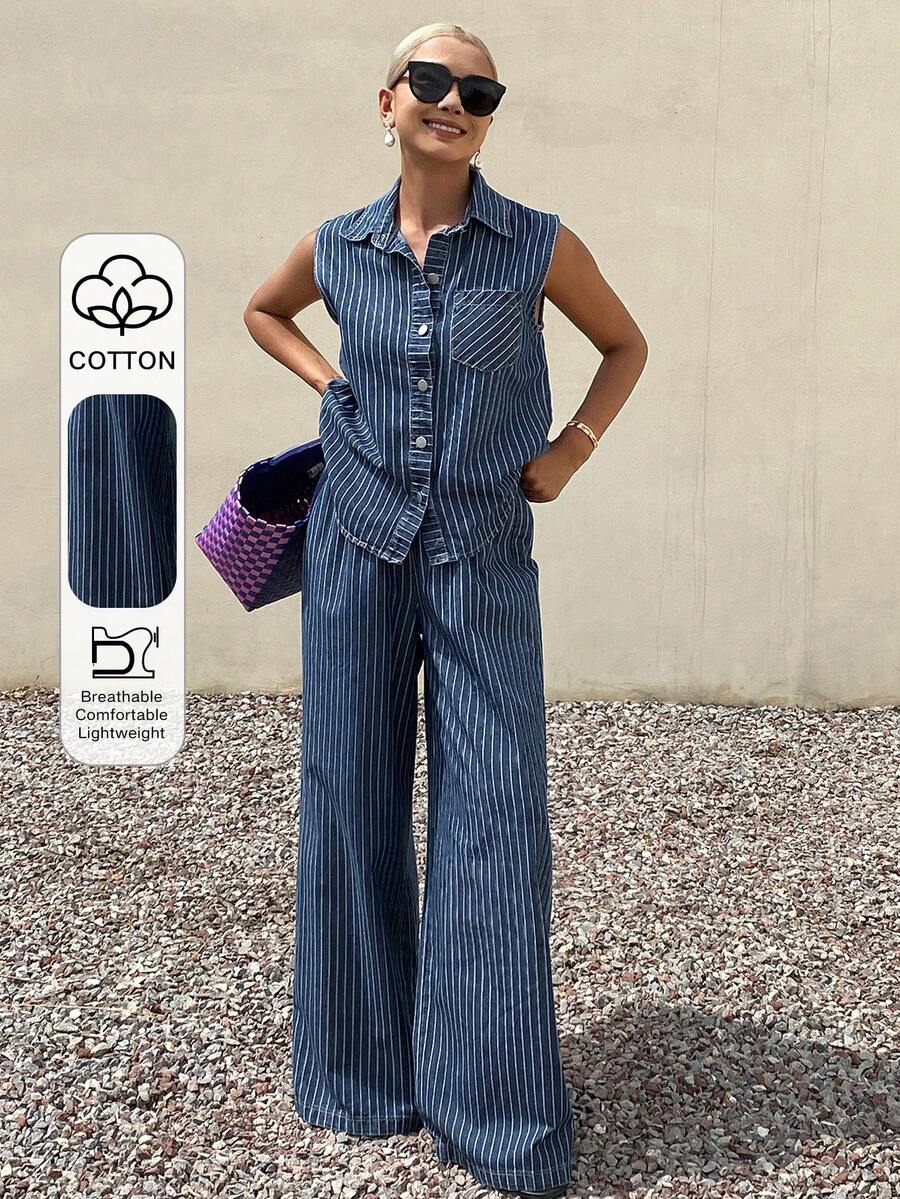 Livesso Bộ đồ denim hai mảnh màu xanh dương cổ điển mùa xuân hè dành cho nữ, gồm áo gile và quần ống đứng, thích hợp cho công sở, du lịch hoặc đi làm. - Rửa trung bình - Xem 1