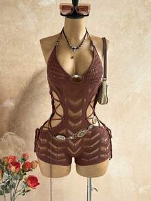 Soleia Women's Solid Color Hollow Out Knitted Backless Halter Romper - Coffee Brown - View 6