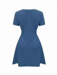 Elenzga Women's Versatile Minimalist Square Neck Solid Color Ruffle Hem Dress, Suitable For Vacation And Everyday Wear - Dusty Blue - View 4