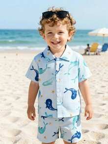 SHEIN Vintaside Kids 男童休闲度假可爱海豚印花短袖衬衫和短裤两件套，海岛风情海滩周末装扮，优雅服饰，适合外出、度假、拍照，2026春夏新款，日常百搭 - 薄荷藍 - 查看 7
