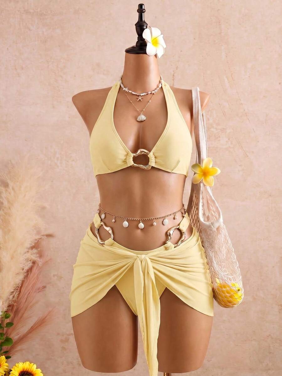 Swim Chiccia 3件組女款熱銷性感復古優雅浪漫度假海灘套裝:泳衣/比基尼上衣、泳衣下裝、夏季海灘裙 - 杏色 - 查看 1
