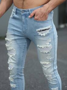 EGENSIO Fashionable Pocket Distressed Summer Versatile Denim Jeans - Blue - View 3
