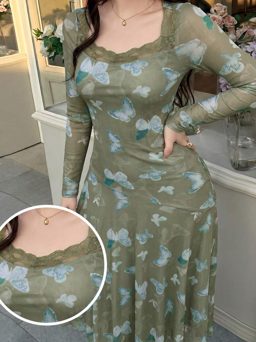 Feyla Women's Lace Patchwork Butterfly Print Elegant Waist Cinched Dress - Gray green - View 1
