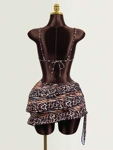 Zestiva Traje de baño de 3 piezas con estampado de leopardo 2026, conjunto de bikini sexy para mujer, vestido de playa - Multicolor - Ver 2