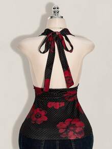 SHEIN ICON 大码女式波点花卉印花深V性感吊带背心 - 黑色 - 查看 2