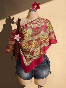 SHEIN ICON 大尺碼女款花卉印花不對稱領上衣 - 玫紅色 - 查看 4