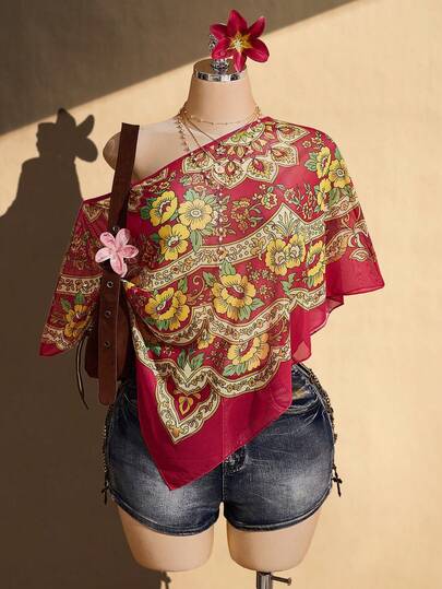 SHEIN ICON Plus Size Women Floral Print Asymmetric Collar Blouse