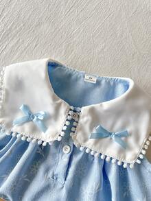 SHEIN Elladie kids 2件裝少女夏季休閒藍色碎花洋裝，附可愛蝴蝶結與荷葉邊領，適合日常、度假、通勤，優雅穿搭 - 藍色 - 查看 5