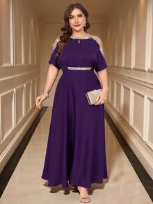 SHEIN Clasi Plus Size Elegant Party Sequin Embellished Off-Shoulder Dress - Purple - View 4