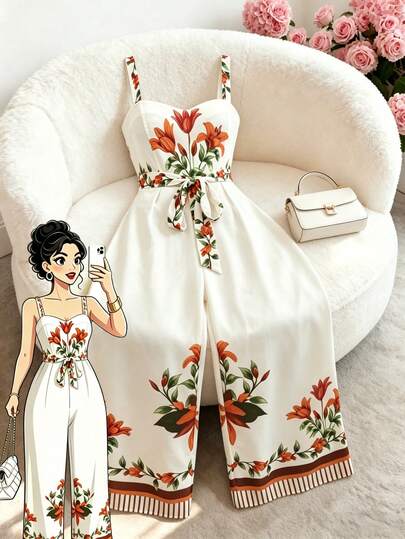 GlowEve CURVE Mono informal de talla grande para mujer con estampado floral, cintura ceñida y ajuste delgado, versátil para uso diario, viajes, negocios, elegante estilo francés retro romántico para vacaciones y playa, nuevo lanzamiento de verano
