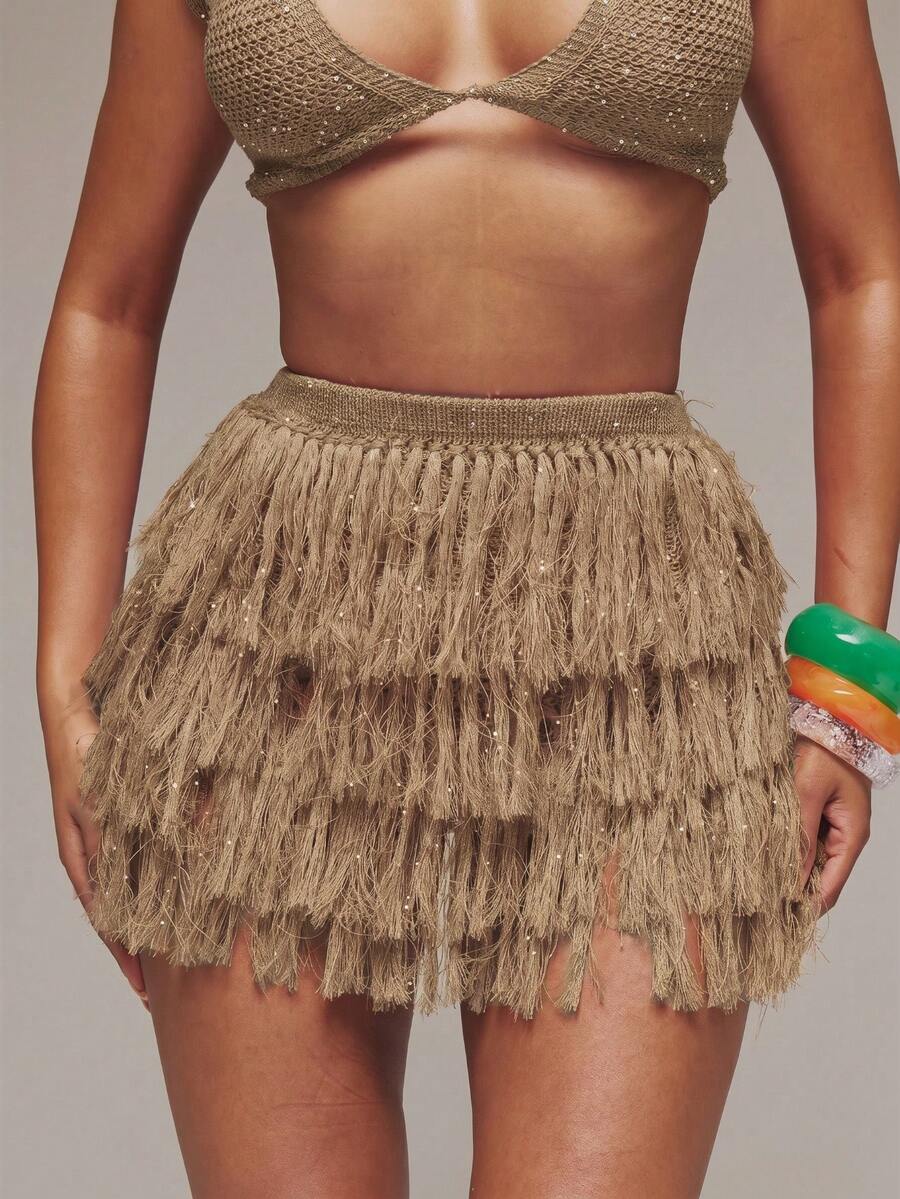 MUSERA Váy ngắn xếp tầng tua rua đính sequin, thích hợp cho mùa xuân hè, lễ hội Ibiza, kỳ nghỉ, dễ thương, gợi cảm, phong cách Y2K, đi chơi đêm, câu lạc bộ, nhiệt đới, quyến rũ. - màu nâu - Xem 1