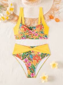 Swim Lushoire Bộ bikini nữ in họa tiết hoa nhiệt đới rực rỡ, áo croptop bản rộng, cạp cao phối màu tương phản, thích hợp cho kỳ nghỉ hè trên bãi biển. - Nhiều màu - Xem 3