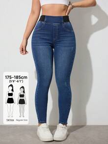 SHEIN Tall Quần jeans nữ cạp cao, cạp chun co giãn, kiểu dáng ôm sát, thích hợp cho mùa hè, công sở và sinh hoạt hàng ngày. Quần jeans nữ cạp cao, dáng ôm, chất liệu co giãn thoải mái, màu tối, thích hợp cho mùa thu/đông. - Màu xanh lam - Xem 1