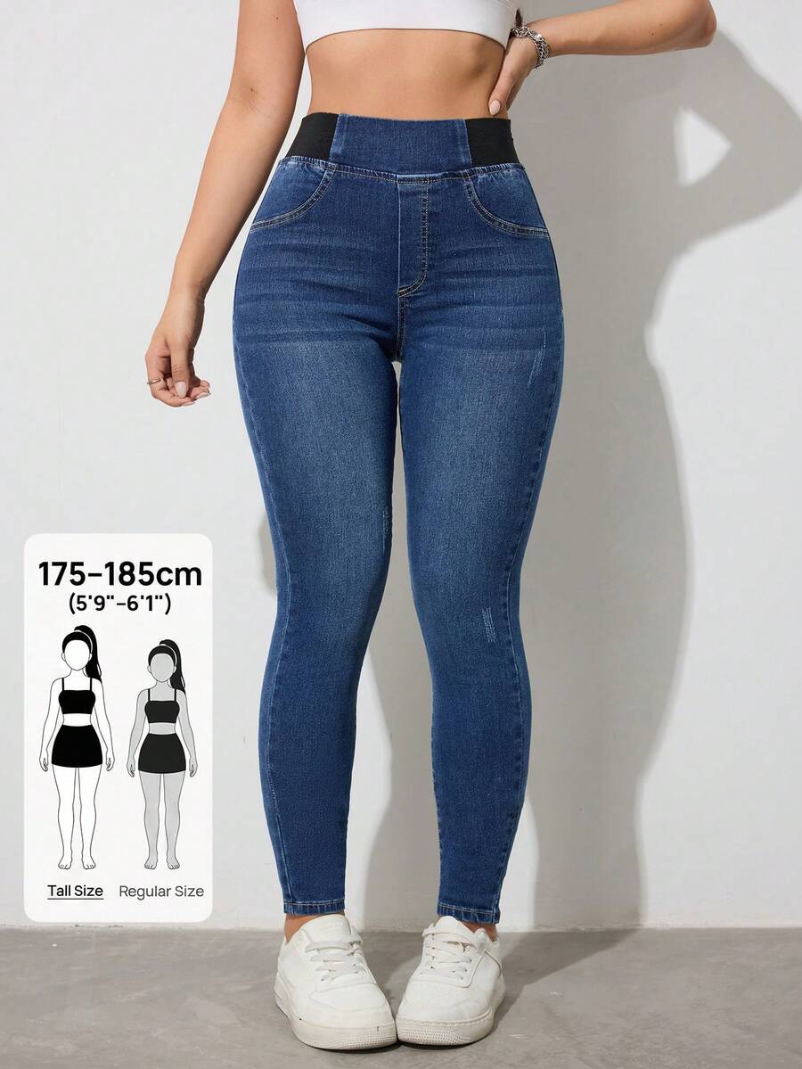 SHEIN Tall Quần jeans nữ cạp cao, cạp chun co giãn, kiểu dáng ôm sát, thích hợp cho mùa hè, công sở và sinh hoạt hàng ngày. Quần jeans nữ cạp cao, dáng ôm, chất liệu co giãn thoải mái, màu tối, thích hợp cho mùa thu/đông. - Màu xanh lam - Xem 1
