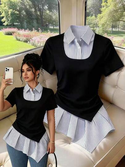GlowEve CURVE Plus-Size Women's Striped Asymmetrical Ruffle Hem Spliced Knitted Black Round-Neck Short-Sleeve Top, With A Waist-Cinching Design, Casual And Fashionable Collegiate Style