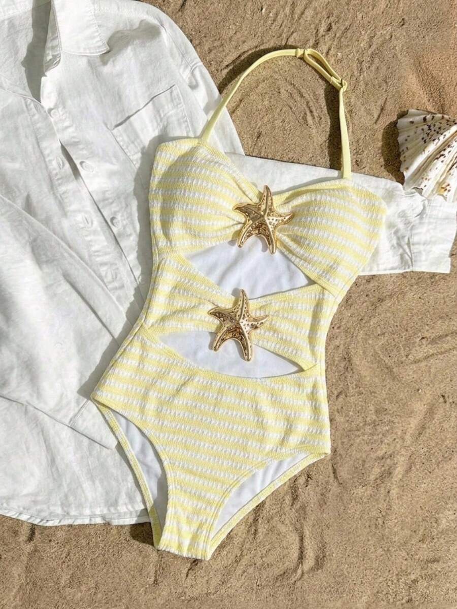 SHEIN 少女提花针织黄色吊带荷叶边比基尼泳衣套装，休闲沙滩度假款，金属海星装饰，黄白条纹 - 黃色 - 查看 1