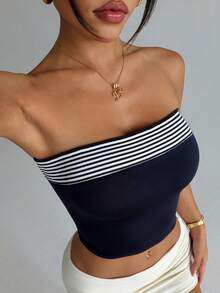 SHEIN HypeZone Áo croptop thể thao kẻ sọc dành cho nữ - Màu xanh hải quân - Xem 3