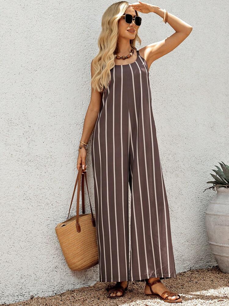 Women's Summer Beach Vacation Casual Everyday Commute Striped Print Loose Pockets Sleeveless Wide Leg Jumpsuit