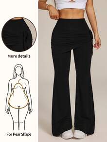 SHEIN PETITE Quần yoga 2 trong 1 màu đen co giãn dành cho nữ, có gấu váy xếp ly, ống loe, mùa xuân 2026. - màu đen - Xem 10